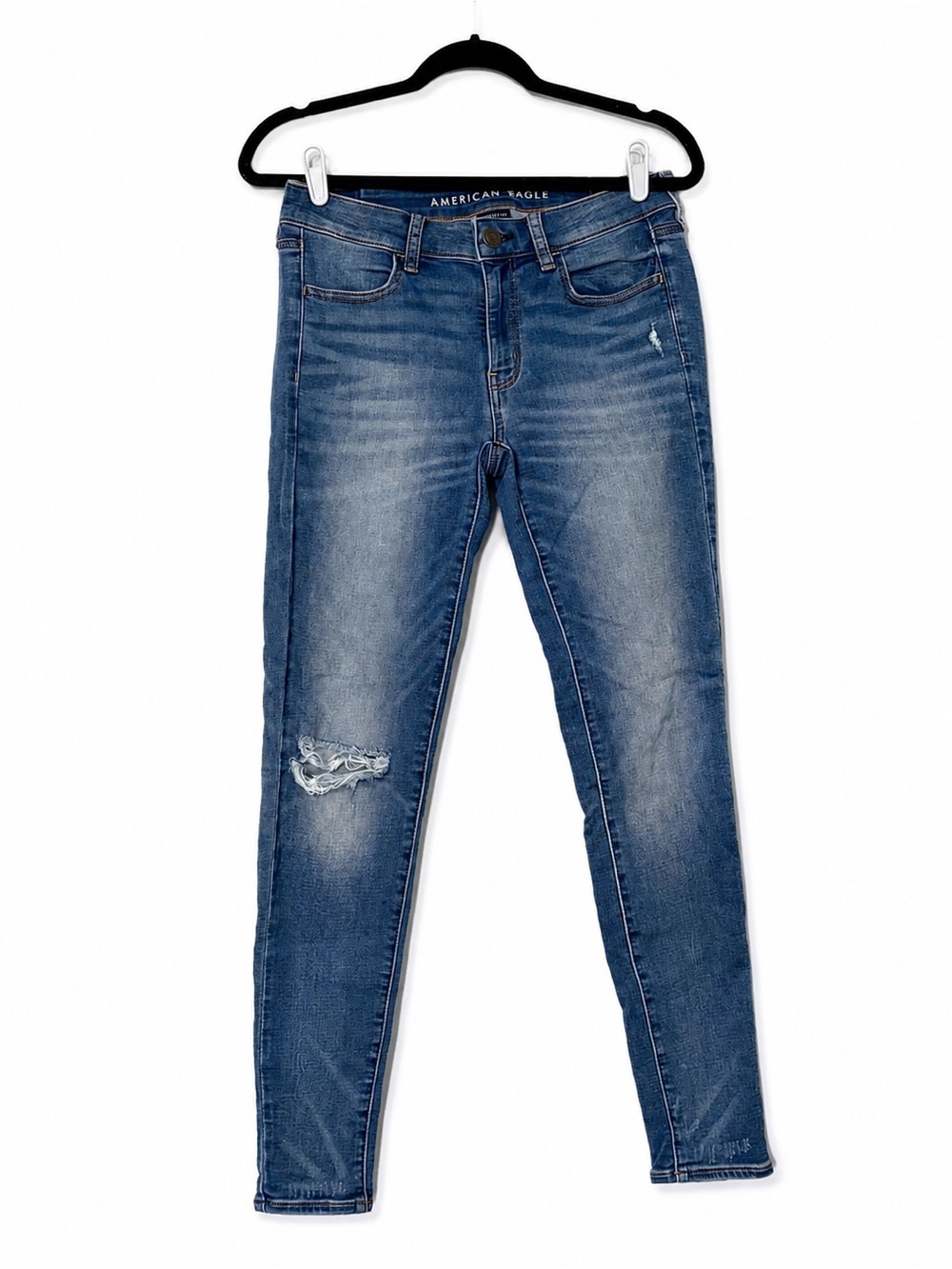 American Eagle Outfitters Women's Skinny Jeans - Dark Blue Wash with Distressing